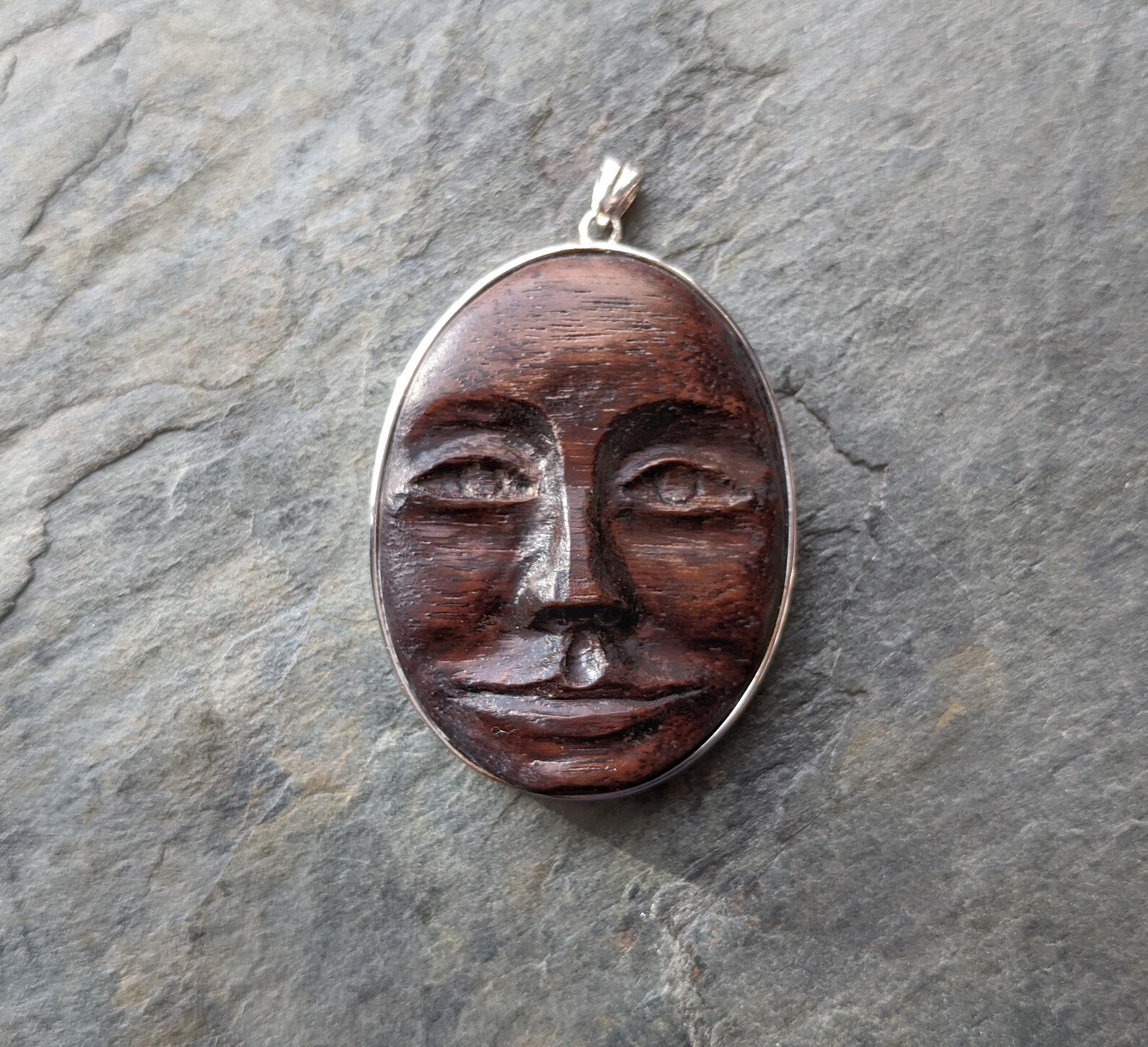 Carved Wooden Face Pendant Walnut & Sterling Silver Etsy