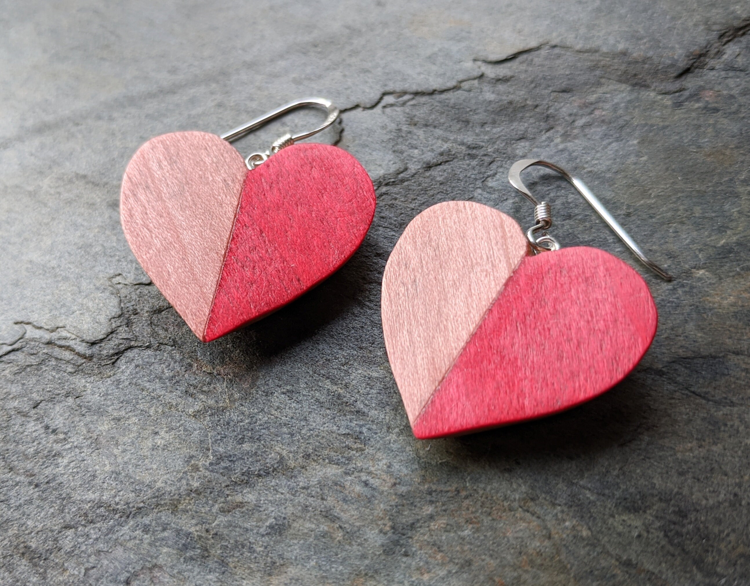 Wooden Heart Earrings Cherry and Dyed Wood Veneer Sterling Etsy Canada