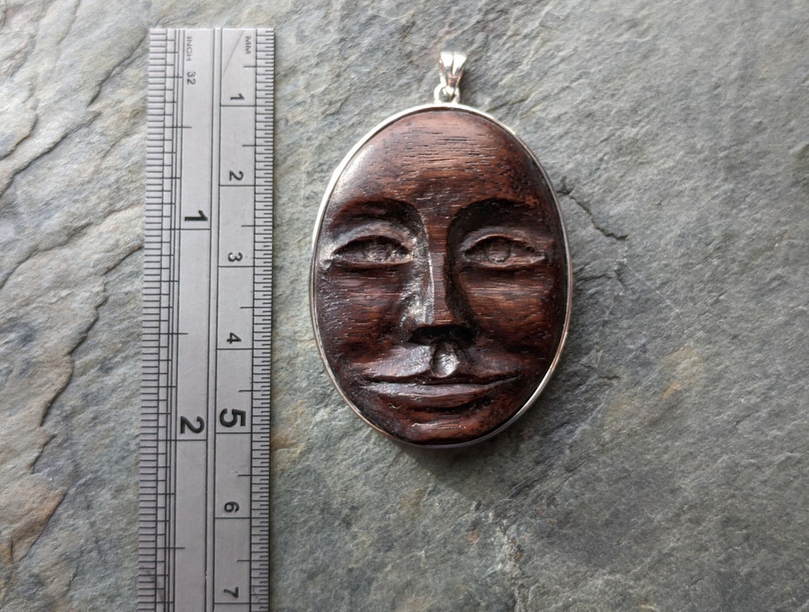Carved Wooden Face Pendant Walnut & Sterling Silver Etsy