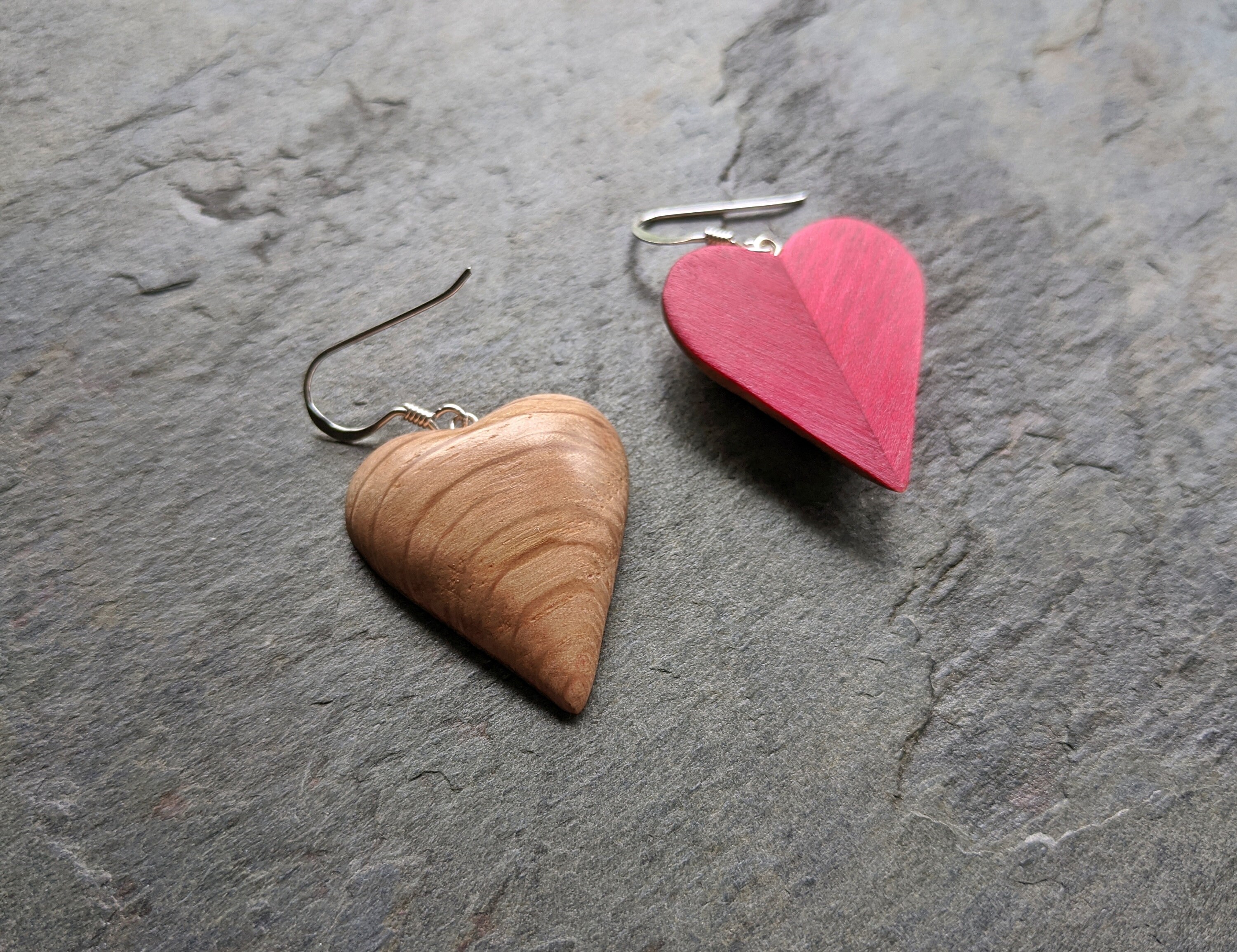Wooden Heart Earrings handmade from oak and red veneer Etsy