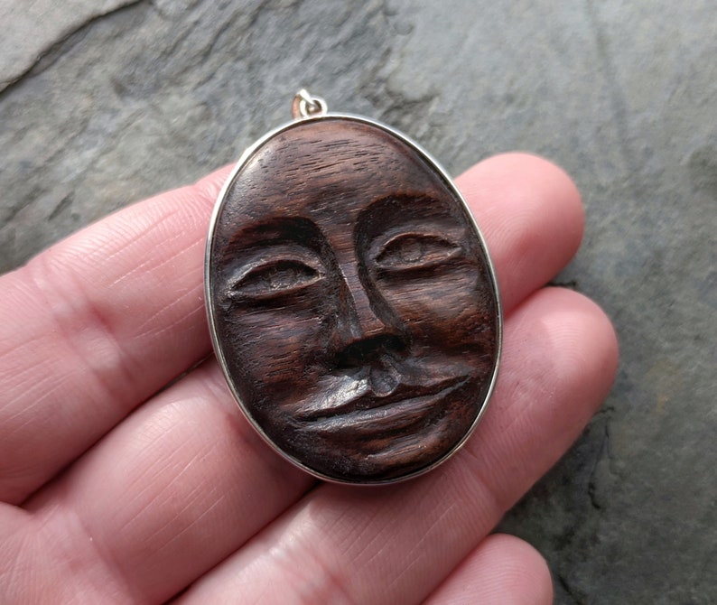 Carved Wooden Face Pendant Walnut & Sterling Silver Etsy