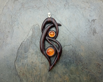 Art Nouveau Style hand carved wood pendant, Amber, Ebony, Silver