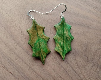 Holly Leaf Earrings, Carved Oak, silver