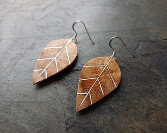 Carved oak and sterling silver leaf earrings