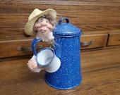 Caleb the Coffee Pot Whippersnapper - OOAK - Sculpey Figurine on Blue Enamel Coffee Pot