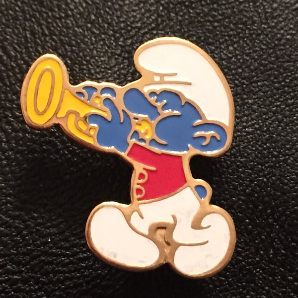 Harmony Smurf Brooch Pin by Peyo ~ Playing his trumpet ~ Vintage 1980 ~ Cloisonne