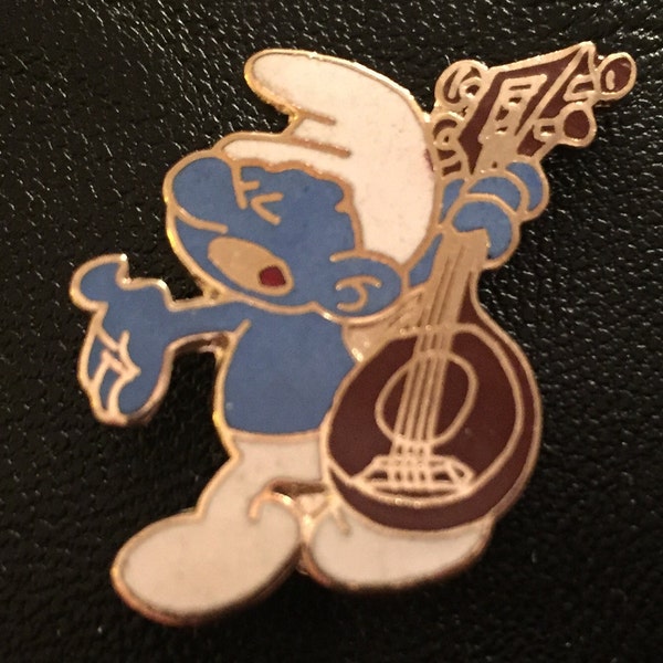 Jester Smurf Brooch Pin by Peyo ~ Playing his Mandolin ~ Vintage 1980 ~ Cloisonne