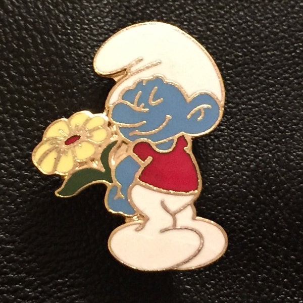 Smurf w/ Flower Brooch Pin by Peyo ~ Standing with Flower ~ Vintage 1980 ~ Cloisonne