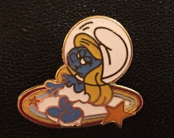 Astro Smurfette with Helmet ~ Sitting on a Galaxy ~ Star ~ Smurf Brooch Pin ~ Peyo ~ Cloisonne Jewelry