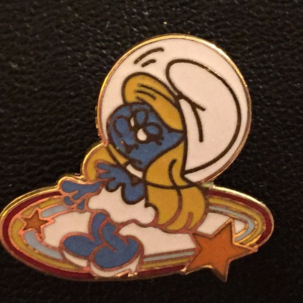 Astro Smurfette with Helmet ~ Sitting on a Galaxy ~ Star ~ Smurf Brooch Pin ~ Peyo ~ Cloisonne Jewelry