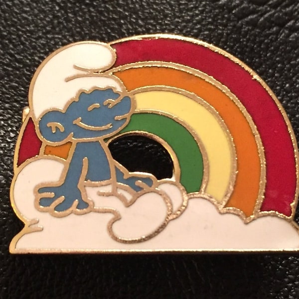 Rainbow Smurf Brooch Pin by Peyo ~ Sitting on Cloud with Rainbow ~ Vintage 1980 ~ Cloisonne