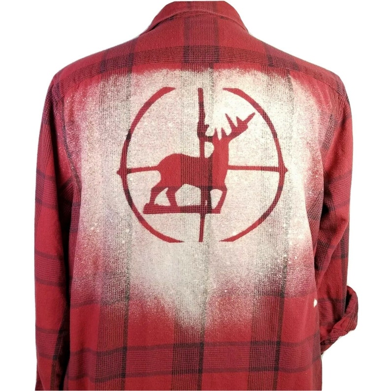 Deer Hunter Scope Flannel Shirt Large Upcycled Art To Wear Bleached OOAK Buck