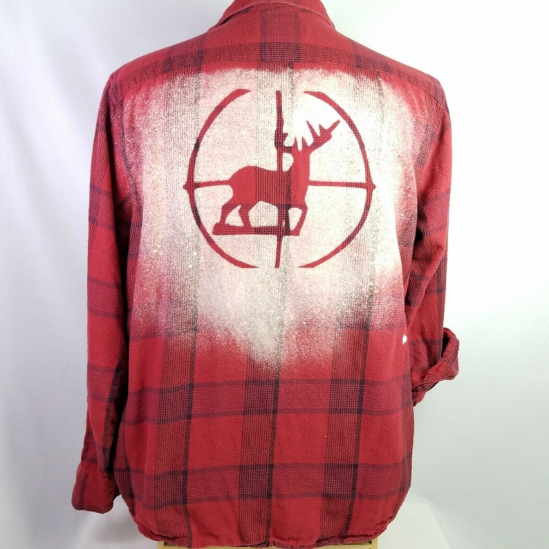 Deer Hunter Scope Flannel Shirt Large Upcycled Art To Wear Bleached OOAK Buck
