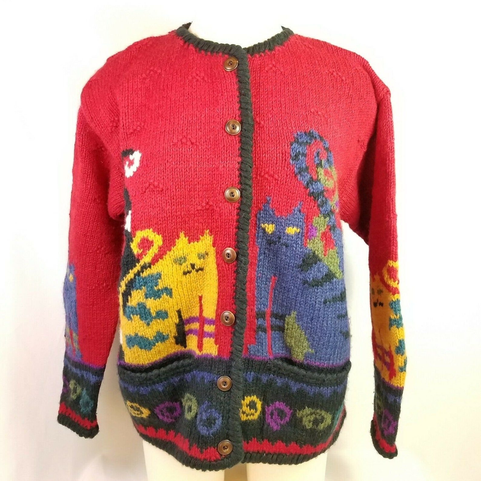 Newari Wool Cardigan Sweater Cats Wood Button Nepal Red Black | Etsy