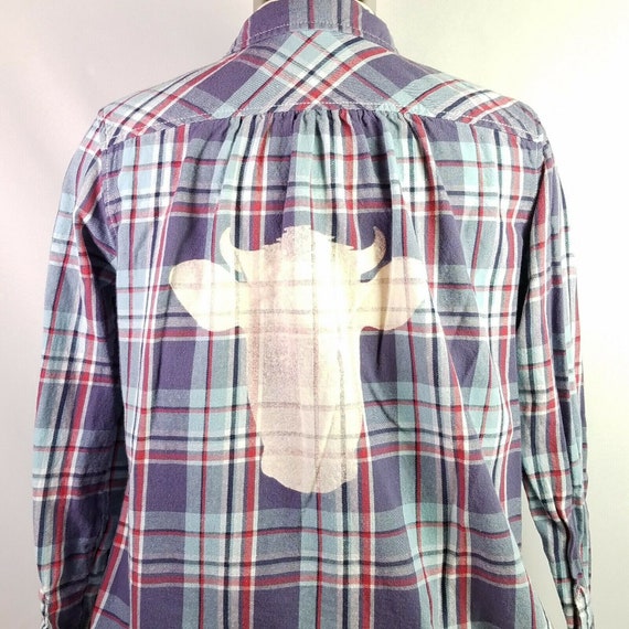 Cow Steer Plaid Shirt Jr Large Upcycled Art to Wear Bleached  display picture 1
