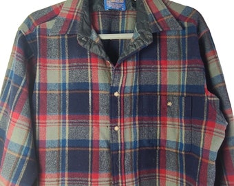 Vintage Pendleton Wool Shirt M Plaid Elbow Patches Red Blue USA