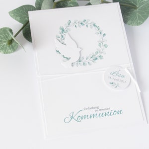 Karte Einladung Taufe Kommunion Konfirmation Taube weiß eucalyptus