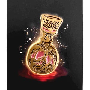 Op de afbeelding: Een goudkleurige fles met een gedetailleerd ontwerp, gevuld met een roze vloeistof, op een zwarte achtergrond. De tekst "OBTAINED FLASK OF CRIMSON TEARS" staat onderaan. De afbeelding heeft een fantasiethema.