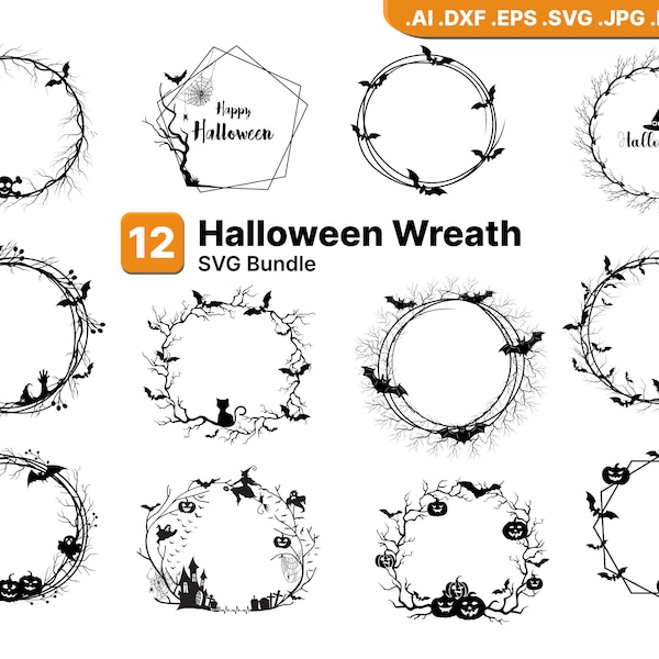 Halloween Wreath SVG, Halloween SVG Bundle, Silhouette, Clipart, Digital File, Cricut Svg file, Instant download.