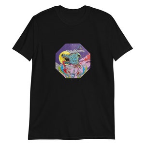 May include: Black t-shirt with a graphic print of a green wolf head with a red tongue and a purple background. The wolf is on a stake with a red and white flag.