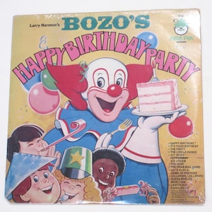 Bozo vinyl Birthday Party TV clown show Larry Harmon, songs about ice cream lollipops playing pretend, Peter Pan Records 1970s still SEALED