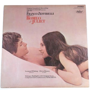 Romeo & Juliet vinyl 1960s movie dialogue highlights, Nino Rota music, Olivia Hussey, Leonard Whiting, Michael York, Shakespeare teen lovers