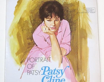 Könnte beinhalten: Ein Vintage-Vinyl-Schallplattencover mit einem Porträt von Patsy Cline. Das Cover ist weiß mit einem gelben und orangenen Hintergrund. Der Titel "Portrait of Patsy Cline" ist in blauer und schwarzer Schrift gedruckt. Das Album ist ein Produkt von Columbia Musical Treasuries.