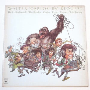May include: Album cover for "Walter Carlos By Request" featuring cartoon caricatures of musicians and a gorilla. The cover art includes the names of composers and artists. The color palette is primarily beige, brown, and gray.