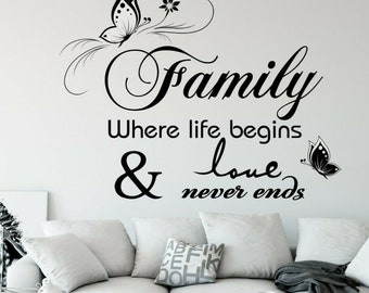 Family Where Life Begins And Love Never Ends Vinyl Wall Decal: Custom Colour & Size
