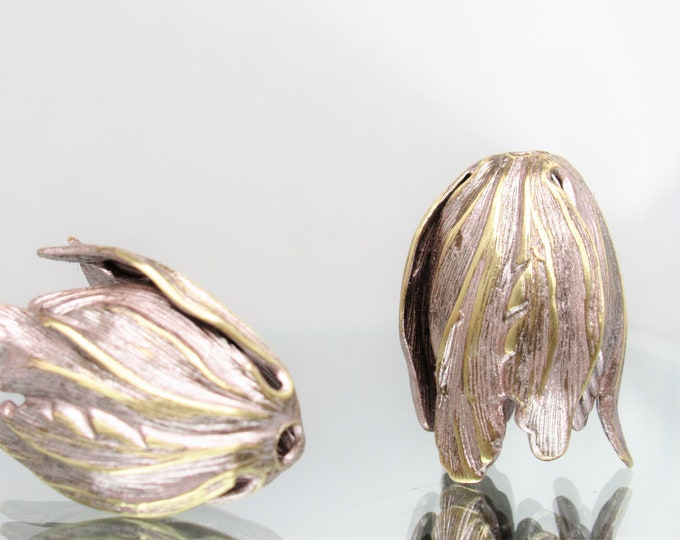 x2 pcs Small Hand-Mixed Patina Golden Bronze over Brass Tulip Bead Caps NEW IN STUDIO