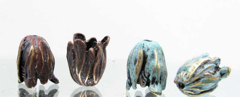 x2 pcs Small Hand-Mixed Patina Golden Bronze over Brass Tulip Bead Caps NEW IN STUDIO
