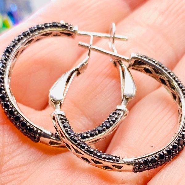 Beautiful Black Spinel “Inside Out” Hoop Earrings, Sterling Silver