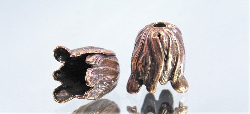 x2 pcs Small Hand-Mixed Patina Golden Bronze over Brass Tulip Bead Caps NEW IN STUDIO