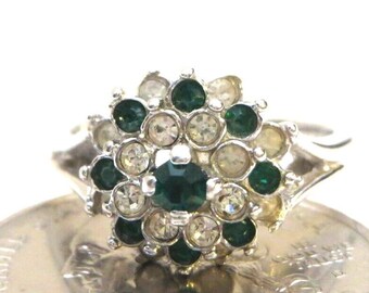 Vintage 14K G.E. ESPO Green / Clear Glass Rhinestone Cluster Cocktail Ring
