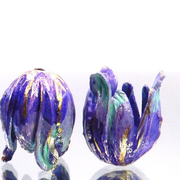 New Colors: "Magical Sea" on Brass Tulip Bead Caps (x2 pcs)