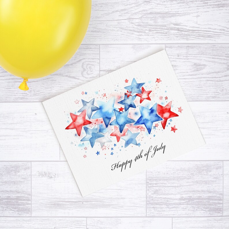 Watercolor 4th of July Card, Red and Blue Patriotic Stars & Stripes ...