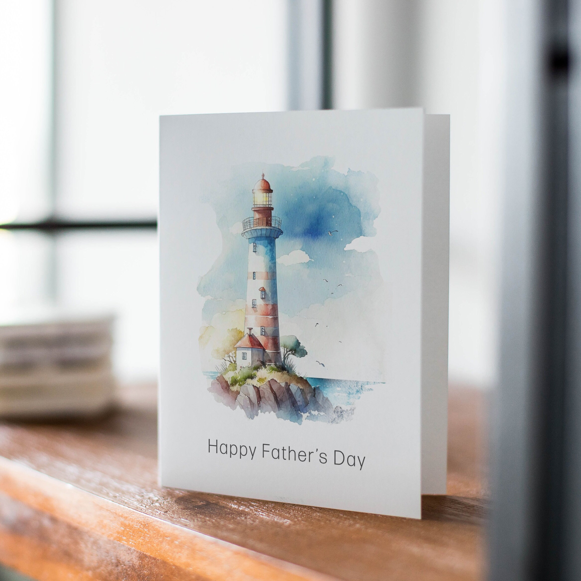 Happy Fathers Day Card With Watercolor Lighthouse Print, Father's Day ...