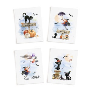 May include: Four watercolor illustrations featuring Halloween themes. The first card shows a black cat perched on a sign that reads "Happy Halloween!" with pumpkins and fall leaves. The second card shows a witch flying with an umbrella, a black cat, and a sign that reads "Trick or Treat." The third card shows a witch holding balloons with a sign that reads "Happy Halloween!" The fourth card shows a black cat wearing a witch's hat sitting on a stack of books with a sign that reads "Boo."