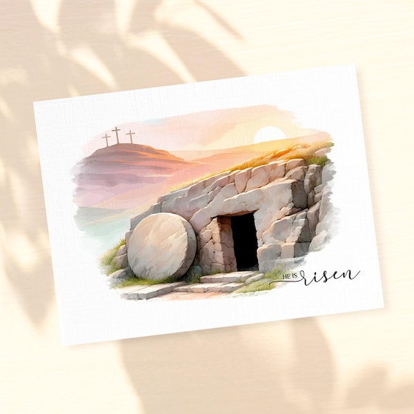 He Is Risen, Empty Tomb, Watercolor Religious Easter Cards: One or Set