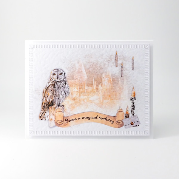 Handmade Owl Birthday Card with Candles and Castle Illustration for Magical Boy, Wizards and Witches