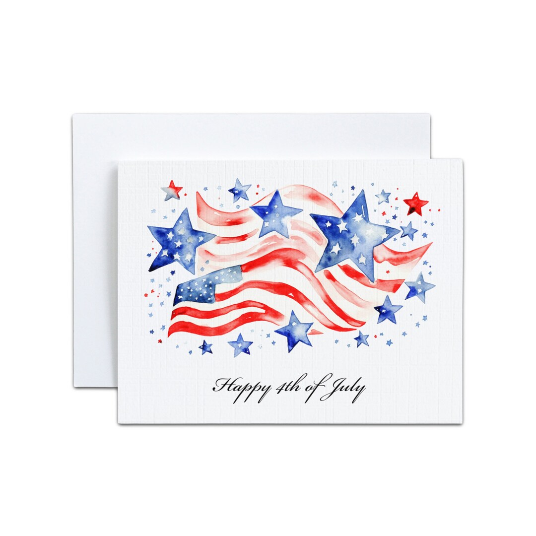 Watercolor American Flag 4th of July Card, Patriotic Blue and Red ...