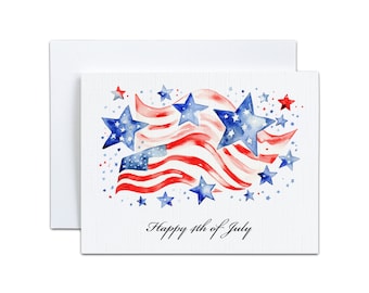 Joyeux 4 juillet avec drapeau américain aquarelle | Carte patriotique de jour de l'indépendance | Cartons rouges, blancs et bleus