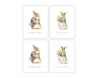 Watercolor Easter Bunny Card Set, Spring Floral Rabbit Cards