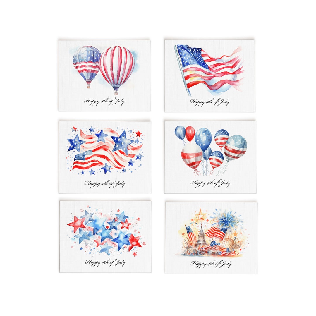 Watercolor 4th of July Card Set: Patriotic Balloons, Stars, Flag and ...