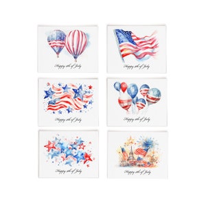 Watercolor 4th of July Card Set: Patriotic Balloons, Stars, Flag and Fireworks (6 cards)