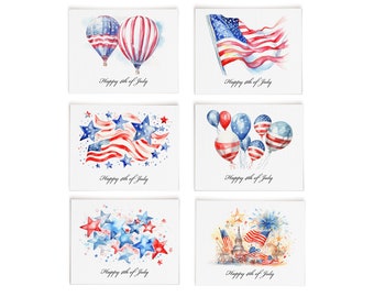 Happy 4th of July Card Set (6 cards) with Watercolor Patriotic Balloons | Patriotic Independence Day Card | Red, White, and Blue Cards