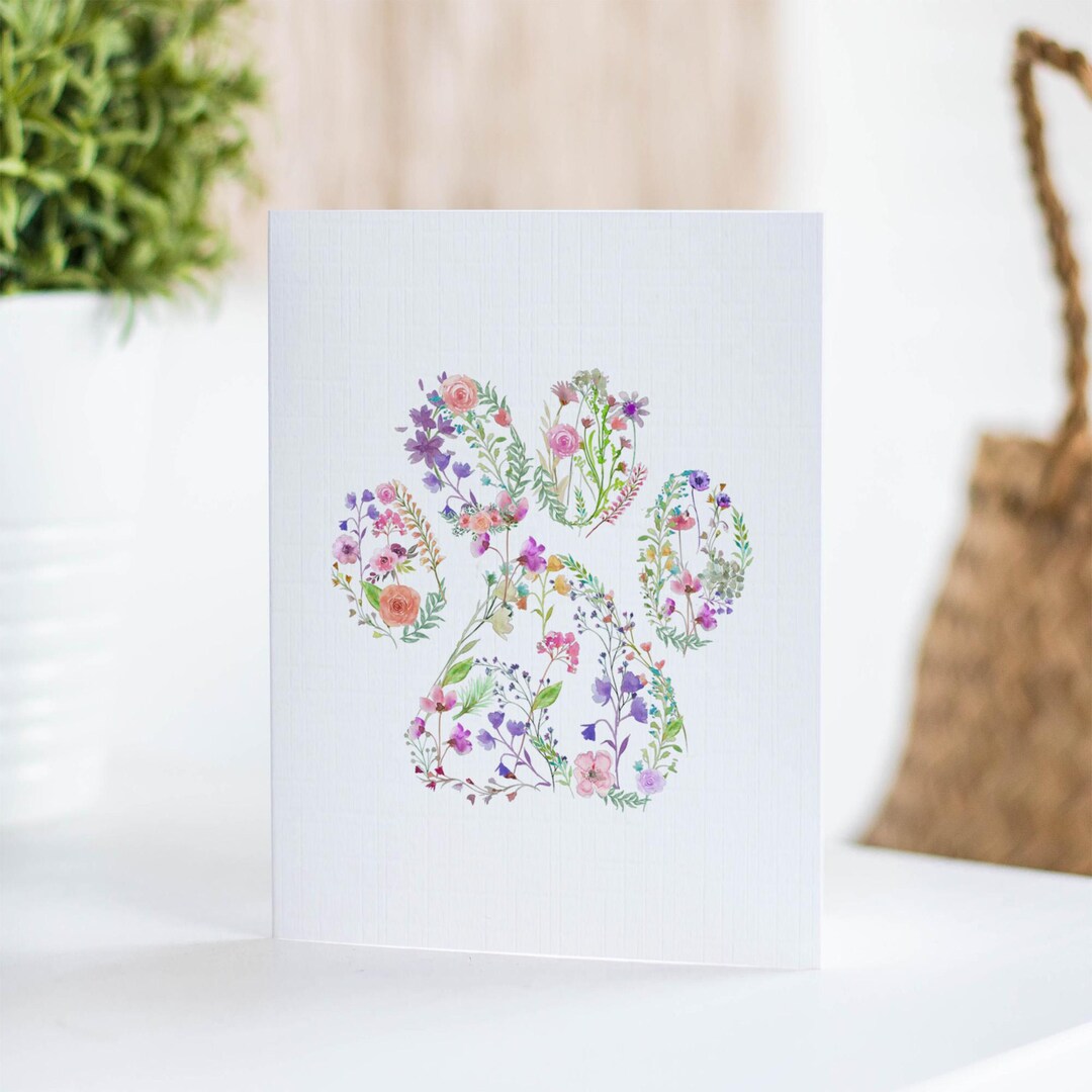 Floral Paw Print Greeting Card | Watercolor Wildflower Dog Cat Pet ...