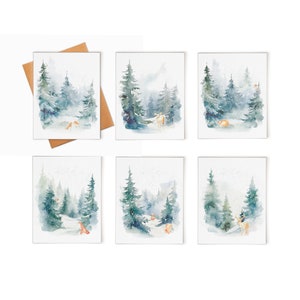 Rustic Winter Woodland Christmas Cards Box Set - Snowy Forest with Deer, Snowy Owl, Fox, and Rabbit - 6 Boxed Holiday Greeting Cards