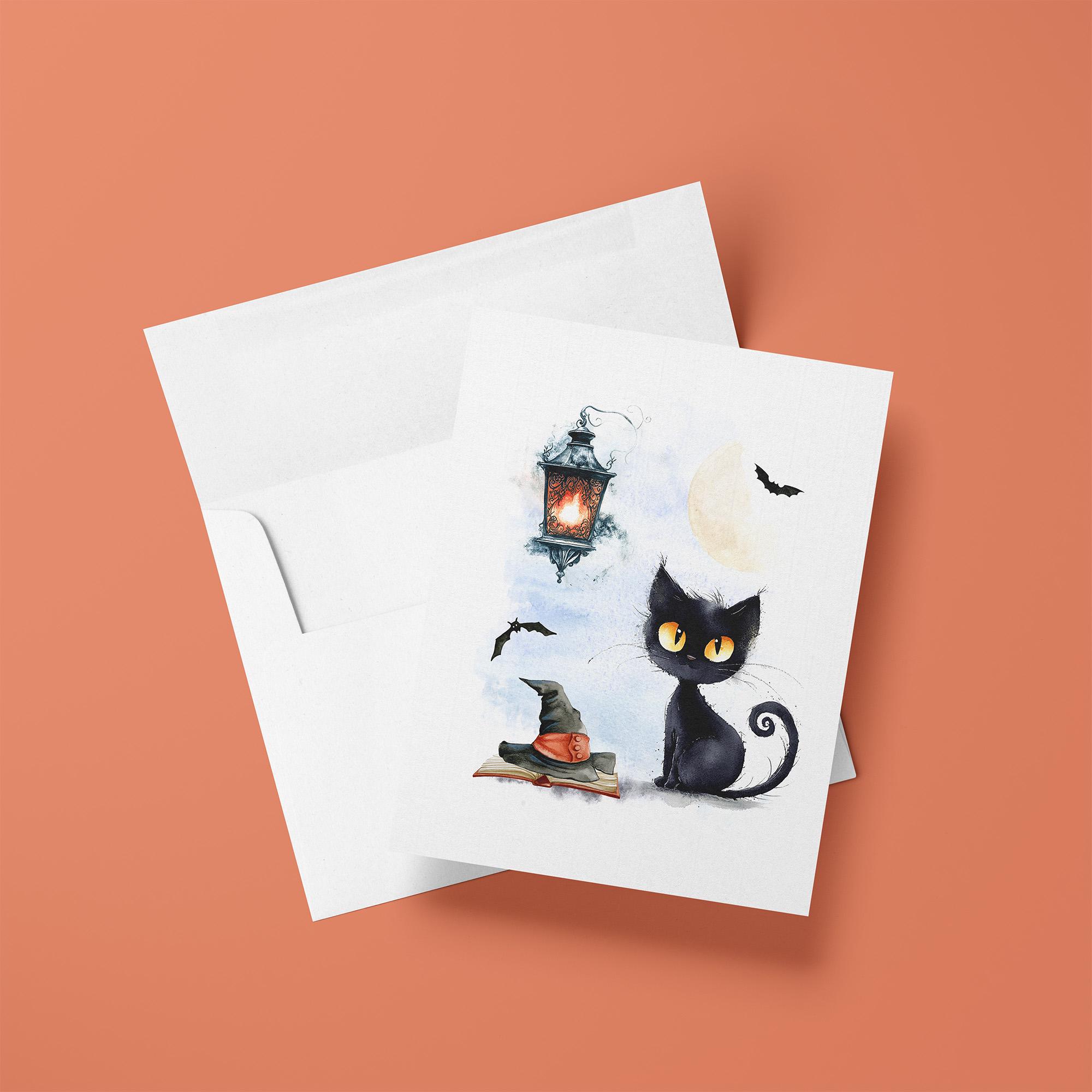 Watercolor Black Cat Halloween Card Set: Spooky Witch Hat Greetings - Etsy