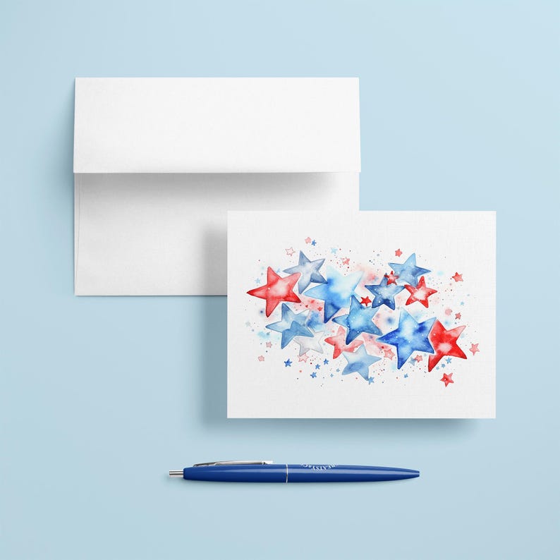 Watercolor 4th of July Card, Red and Blue Patriotic Stars & Stripes ...
